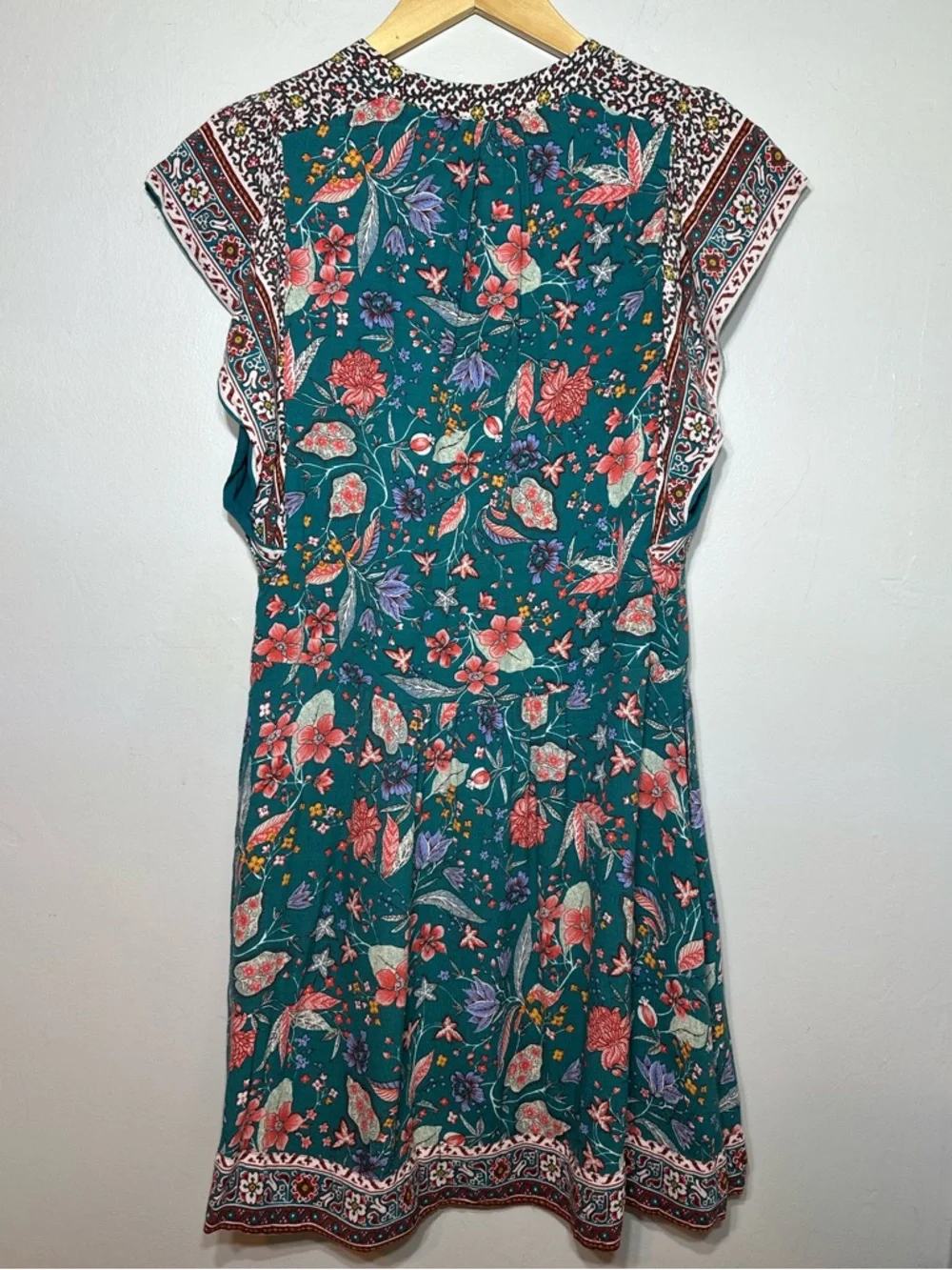 Anthropologie Floral Teal V-Neck Short Sleeve Women's Summer Mini Dress size XS - Picture 3 of 7